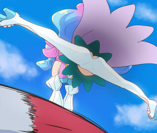 ass blue_hair breasts cloud cure_la_mer female full_body haruyama_kazunori laura_(precure) laura_la_mer layered_skirt legs long_hair magical_girl multicolored_hair no_panties pink_hair precure pretty_cure skirt solo spread_legs toes tropical-rouge!_precure very_long_hair white_sleeves