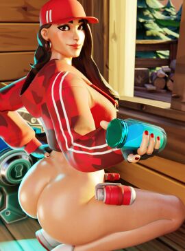 1girls 3d ass brown_eyes brown_hair female female_only fortnite fortnite:_battle_royale looking_at_viewer looking_back no_pants ruby_(fortnite) smile solo soothinglozenge