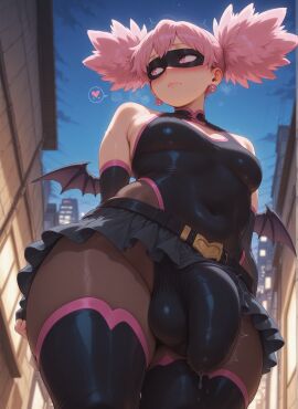 abs ai_art ai_generated avoiding_eye_contact balls ballsack bat_wings belt blush bodysuit bulge bulge_through_clothing busty civitai covered_abs curvy curvy_figure dickgirl dickgirl_only domino_mask embarrassed futa_only futanari hands_behind_head heavy_balls heavy_blush hero_outfit_(mha) hi_res high_quality high_resolution highres huge_balls huge_cock leotard looking_away mask masked masked_futa my_hero_academia my_hero_academia:_vigilantes nervous nervous_sweat outdoors outfit patreon penis pink_hair pop_step self_upload skirt stable_diffusion thick thick_thighs thighhighs tight_clothing twintails twitter upscaled voluptuous voluptuous_futa wide_hips wings yuckle