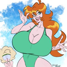 1boy 1girls blue_eyes breast_awe breasts busty character_request cleavage curvaceous curvy curvy_figure female female_focus ginger_hair glasses guillermo_sotobosque hourglass_figure huge_breasts light-skinned_female light-skinned_male light_skin lips male massive_breasts mature_female ms._sharon rongs1234 sharon_carter sharon_carter_(slb) slb slim_waist staring staring_at_breasts swimsuit top_heavy wide_hips