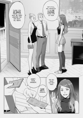 1boy 2girls black_and_white braces comic comic_page dialogue earrings english_text female high_heels male monochrome original skirt speech_bubble tagme tammy_(tekuho) teenager tekuho text