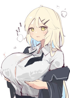 1girls absurdres ahoge black_cardigan black_necktie blonde_hair blue_hair blush breast_expansion breast_growth breast_growth_(enlargement) breast_lift breasts button_gap cardigan collared_shirt female female_focus grabbing_own_breast hair_between_eyes hair_ornament hairclip heavy_breathing highres huge_breasts kakurega long_hair long_sleeves milk_tank-chan_(kakurega) multicolored_hair necktie off_shoulder open_cardigan open_clothes open_mouth original shirt sidelocks simple_background solo streaked_hair sweat two-tone_hair undone_necktie upper_body white_background white_shirt yellow_eyes
