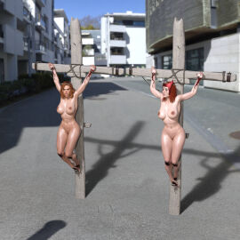 2girls 3d avengers black_widow_(marvel) crown_of_thorns crucifixion female hlt1w marvel marvel_comics mutant_(marvel) natasha_romanoff nude nude_female red_hair running_mascara runny_makeup scarlet_witch wanda_maximoff x-men