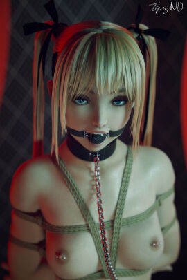 3d ball_gag blonde_hair blue_eyes bondage chain_leash collar dead_or_alive drool drooling female gag marie_rose nipple_piercing nipples piercing rope tipsynd