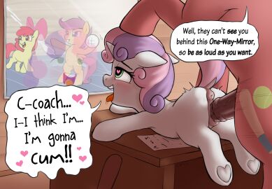 1boy 3girls absurd_res age_difference animal_genitalia animal_penis animal_vulva anus apple_bloom_(mlp) ass ball_(object) blush bow_ribbon crade cutie_mark_crusaders_(mlp) english_text equid equine equine_genitalia equine_penis erection female feral friendship_is_magic genitals hasbro hi_res horn horse looking_pleasured male mammal my_little_pony mythological_creature mythological_equine mythology nude penetration penis playing pussy raised_tail scootaloo_(mlp) sex smile speech_bubble sport sweetie_belle_(mlp) tail text unicorn vaginal_penetration vulva young young_female