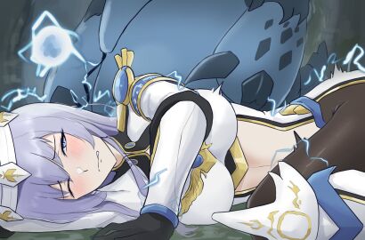 1girls aku_(the_battle_cats) animal anteater armband belly blue_hair blue_scales blush breasts captured color defeated digital_media_(artwork) electricity electrocution electrostimulation female galaxy_gals headmistress_jeanne human large_breasts light_skin long_hair looking_at_captor mature_female nyanko_daisensou on_side pained_expression sed_(d4vcmk) teacher the_battle_cats tiara tight_clothing vermilingua_rangmaster