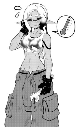 1girls bra_strap bra_strap_down bra_strap_slip breasts female female_only holding_object holding_wrench inkling inkling_girl mechanic_(splatoon_raiders) moodyrover navel panties_visible splatoon splatoon_(series) splatoon_raiders sweat sweater_around_waist twitter_link wrench