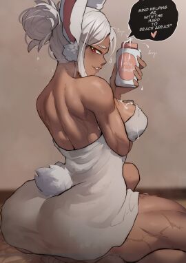 1girls ass behind_view big_ass big_boobs big_breasts big_butt boku_no_hero_academia boobs breasts dark-skinned_female dark_skin female foonie_xd from_behind from_behind_position heroine large_ass large_butt miruko my_hero_academia rumi_usagiyama scar scars sitting superheroine towel towel_only usagiyama_rumi white-haired_female white_hair