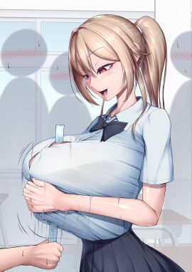 1boy 1girls absurdres big_breasts blush breasts breasts_squeezed_together classroom female furen_e_lustario grabbing grabbing_own_breast group hi_res highres huge_breasts large_breasts light_brown_hair long_hair looking_down male mikage_77777 motion_lines nijisanji open_mouth paizuri pleated_skirt ponytail red_eyes ribbon ruler school_uniform seductive_smile shiny_skin shirt smile straight sweat virtual_youtuber