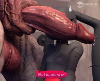 3d anthro balls beltz_(jumpbreak96) big_ears big_penis breasts choker demon demon_humanoid dialogue digital_media_(artwork) doom_(series) duo eyelashes female floppy_ears genitals grey_body hell_knight_(doom) hi_res huge_cock humanoid id_software imminent_sex jewelry lagomorph larger_male leporid long_ears lop_ears male mammal microsoft necklace penis penis_on_face rabbit seam_(sewing) sharpybutts size_difference small_breasts smaller_female speech_bubble stitch_(sewing) text