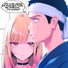 1:1 1boy 1girls ai_generated bandana blonde_hair caught choker close-up closed_mouth color couple day discovered duo duo_focus embarrassed english_text eyelashes facing_viewer female from_side front_view gojou_wakana half-closed_eyes hi_res highres indoors izacru0 kitagawa_marin long_hair looking_at_another looking_at_partner looking_away male meme nervous nervous_face nervous_sweat neutral_expression pink_eyes short_hair side_view sono_bisque_doll_wa_koi_wo_suru speech_bubble standing staring staring_at_another straight_hair suspicious sweat sweating sweating_profusely text thought_bubble two_tone_hair very_high_resolution