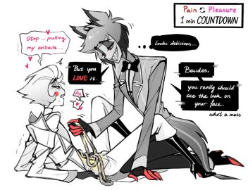 alastor_(hazbin_hotel) clothed clothing dialogue disembowelment english_text entrails gore guro guts hazbin_hotel intestines lucifer_morningstar_(hazbin_hotel) male male_ryona sadism text unknown_artist