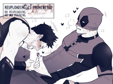 2boys beard blank_censor blush bodysuit breath censored closed_eyes couple deadpool deadpool_&_wolverine deadpool_&_wolverine_(2024) deadpool_(series) erection facial_hair fellatio full-face_blush gloves heart highres male male_focus marvel marvel_cinematic_universe marvel_comics mask mask_lift multiple_boys multiple_males muscular muscular_male oral penis penis_grab sherlock7akane sleeveless superhero_costume sweatdrop veins veiny_arms wolverine_(x-men) x-men yaoi