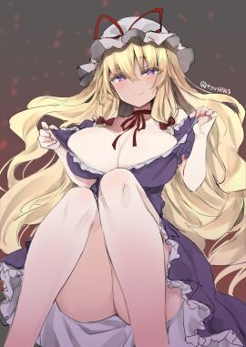 bare_legs blonde_hair breasts choker cleavage closed_mouth clothes_pull dress dress_pull feet_out_of_frame female hat hat_ribbon highres huge_breasts large_breasts long_hair mature_female milf mob_cap no_panties pulled_by_self purple_dress purple_eyes red_ribbon ribbon sitting smile solo thighs touhou tousen twitter_username white_headwear yakumo_yukari yukari_yakumo
