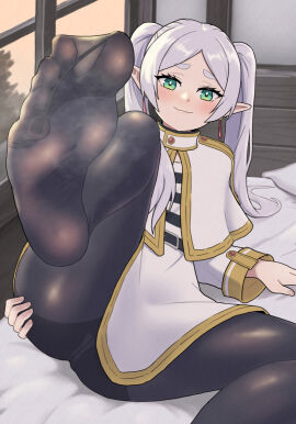 artist_request feet feet_visible_through_clothing female foot_fetish foot_focus frieren green_eyes socks soles sousou_no_frieren tagme