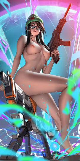 1girls assault_rifle beanie big_breasts breasts curvy_figure female glasses gun hat killjoy_(valorant) large_breasts legs liang_xing nude sitting solo tagme thick_thighs thighs valorant very_high_resolution