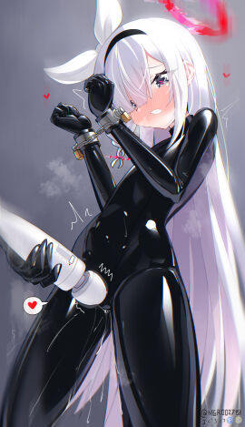 absurdres black_bodysuit blue_archive blush bodysuit bondage bound bound_wrists chains clenched_teeth cuffs female femsub fully_clothed hair_over_one_eye hair_ribbon hairband halo heart highres hitachi_magic_wand latex latex_bodysuit latex_clothing lock long_hair maguro27 padlock page_2 plana_(blue_archive) pussy pussy_juice red_pupils ribbon sex_toy shiny_clothes skin_tight spoken_heart static_eyes teeth tight_clothing very_long_hair vibrator vibrator_on_pussy white_hair young