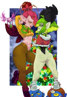 1boy 2girls abs blue_skin christmas dark_willow dota dota_2 female green_hair green_skin jex_(dark_willow) male ogre_magi_(aggron_stonebreak) pink_skin pugna_(pugna's_quest) rule_63 thick_thighs