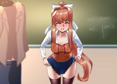 after_sex blush blushing_at_viewer clothed doki_doki_literature_club female fully_clothed kahullt looking_at_viewer monika_(doki_doki_literature_club) panties school_uniform sweat sweating thighhighs