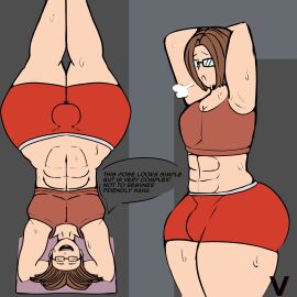 1boy abs armpits august_roberts_(blackwhiplash) bulge bulge_through_clothing dilf femboy femboy_dilf glasses gym gym_clothes huge_hips male male_only original plump_thighs red_shorts smile solo speech_bubble sports_bra sports_shorts sweat thick_thighs vampiricdesire wide_hips working_out workout_clothes yoga yoga_mat yoga_pants