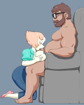 1boy 1girls abryssle alien alien_girl alien_humanoid blue_eyes blush breasts brown_hair darkeros13 facial_hair fellatio female flats gem gem_(species) glasses kneeling male nude nude_male open_clothes open_jacket orange_hair original original_character paizufella paizuri partially_clothed pearl_(steven_universe) pointy_nose shoes short_hair steven_universe steven_universe_future sweat white_body