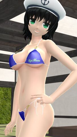 1girls 2023 3d armpit belly_button bikini black-haired_female blue_bikini breasts clavicle cleavage female green_eyes hand_on_hip hat hati_yukkuri_mmd headwear hips indoors interior_background jpeg light-skinned_female light_skin looking_at_viewer minamitsu_murasa mmd open_mouth peace_sign sailor_hat short-haired_female side_boob solo_female solo_focus spirit swimsuit touhou waist