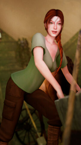 1girls 3arrows 3d alex_(minecraft) barn blender boots braid braided_hair clothed clothing farm female ginger ginger_hair green_clothing green_eyes horse humanization humanized light-skinned_female light_skin looking_at_viewer minecraft mojang pale-skinned_female pale_skin red_hair shirt shovel solo solo_female solo_focus