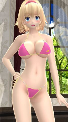 1girls 2023 3d alice_margatroid belly_button bikini blonde-haired_female blue_eyes blush cleavage clouds curtains female hati_yukkuri_mmd headband human indoors inside light-skinned_female light_skin looking_at_viewer mansion mikumikudance mmd open_mouth perfect_cherry_blossom pink_bikini sky solo_female solo_focus swimsuit touhou trees window yellow_string_bikini