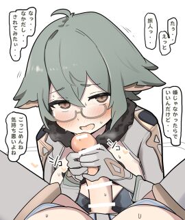 2girls bar_censor breasts brown_eyes censored commentary_request female futa_with_female futanari genshin_impact glasses gloves green_hair grey_gloves intersex large_breasts looking_at_viewer lumine_(genshin_impact) multiple_females multiple_girls nawakena open_mouth penis pov simple_background solo_focus speech_bubble sucrose_(genshin_impact) sweat translation_request white_background