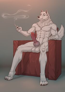 absurd_res animal_genitalia animal_penis anthro balls bodily_fluids canine_genitalia canine_penis chair cigarette eye_scar facial_scar full-length_portrait furniture genital_fluids genitals heterochromia hi_res knot looking_at_viewer male munsu89 muscular nude penis portrait precum scar sitting smoke smoking smoking_cigarette solo spread_legs spreading