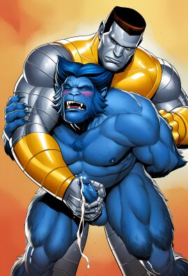 2boys ai_generated anthro bara beast beast_(x-men) blue_body blue_fur climax colossus colossus_(x-men) cumming from_behind furry gay handjob hank_mccoy humanoid male male/male male_only marvel marvel_comics metal metallic_body muscular muscular_male mutant mutant_(marvel) nude penis reach_around silver_body x-men yaoi