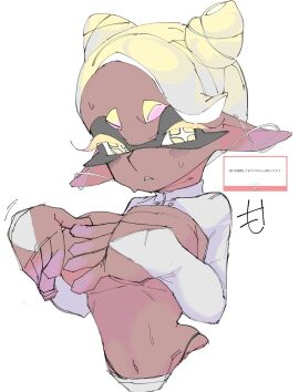 1girls big_breasts black_thong breasts bridal_gauntlets covering_breasts dark-skinned_female dark_skin detached_sleeves female fingerless_gloves frye_(splatoon) gloves grand_festival_(splatfest) half-closed_eyes hands_covering_breasts looking_at_viewer mocamocaink navel nintendo now_or_never_horns panties pointy_ears purple_ears purple_fingers shorts solo splatfest splatoon splatoon_(series) splatoon_3 sweat team_future_(splatfest) tentacle_hair thong tied_hair turtleneck two-tone_hair white_background white_hair yellow_eyes yellow_hair