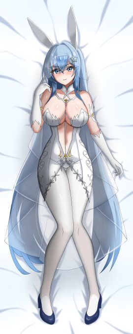 1girls :3 animal_ears azur_lane blue_eyes blue_hair breasts bunny_ears dress female lgc_cat looking_at_viewer new_jersey_(azur_lane) official_alternate_costume wedding