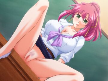 bow breasts completely_nude fechi_chichi_kyonyuu_sensei_no_yuuwaku_jugyou female green_eyes huge_breasts jinguuji_nozomi long_hair non-web_source nude pink_hair ponytail purple_bow pussy ribbon shirt shoes white_shirt yamane_masahiro yellow_ribbon