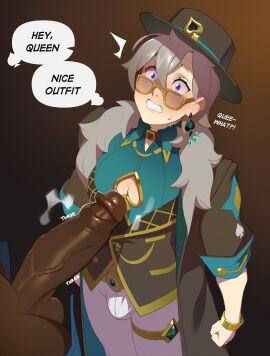 1boy absurd_res aventurine_(honkai:_star_rail) big_penis blue_eyes blush bulge cleavage_cutout combos-n-doodles dark-skinned_male dark_skin dialogue embarrassed english_text erection erection_under_clothes excited femboy gay glasses grey_hair hat honkai:_star_rail honkai_(series) imminent_rape imminent_sex interracial light-skinned_femboy light_skin long_hair looking_up male male_focus male_only open_pants penis penis_out penis_size_difference poor_little_white_boy queen_of_spades small_bulge speech_bubble twink veiny_penis yaoi