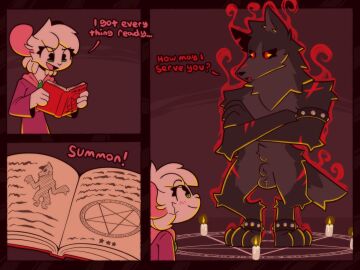 4:3 animal_genitalia anklet anthro armband balls black_body book canid canid_demon canine clothed clothing comic crossed_arms demon dialogue digitigrade_paws duo english_text femboy fully_clothed genitals green_eyes hair hellhound jewelry legband magic male male_only mammal markings mouse murid murine mythological_canine mythological_creature mythology red_markings red_sclera reggie_(whygena) robe rodent sheath simple_background spiked_anklet spiked_armband spiked_legband spikes summoning_circle text white_body white_hair whygena yellow_eyes