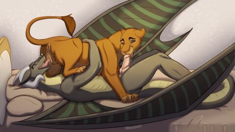 69_position animal_genitalia animal_pussy anthro anthro_on_feral anus bed blauehexe brown_body brown_fur disney dragon duo erection felid feline_genitalia feline_pussy fellatio female female_feral feral fur furniture genitals grey_body grey_scales hi_res interspecies karr'serath lion lying male male/female male_anthro mammal membrane_(anatomy) membranous_wings mythological_creature mythological_scalie mythology on_back on_bed oral pantherine penile penis pussy sarabi_(the_lion_king) scales scalie sex story story_at_source story_in_description tail tail_tuft the_lion_king tuft wings zoophilia