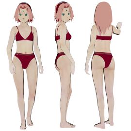 1girls 3d aniroxas bikini daz_studio full_body model_sheet naruto naruto_(series) pink_hair red_bikini sakura_haruno solo
