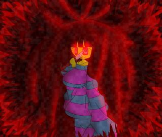 ahoge creepy evil female female_only frisk_frisk_frisk_frisk glowing_eyes holding_knife holding_object knife long_hair long_sleeves looking_at_viewer red_eyes red_hair smile smiling smiling_at_viewer standing striped_clothes striped_clothing striped_pants striped_shirt unknown_place unseen_portal yellow_body