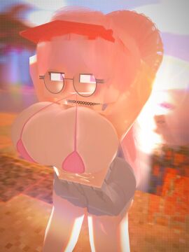 3d abdomen abdominals abs arnie_(cuteskyler) big_ass big_breasts biting_clothes booty_shorts cap choker comic_background cuteskyler fluffy fluffy_hair gigantic_breasts glasses huge_ass huge_breasts huge_hair large_ass large_breasts large_hair looking_away massive_breasts massive_hair minecraft pink_eyes pink_hair ponytail ripped_clothing ripped_jeans ripped_pants ripped_shorts shorts squish squishing_breasts sunlight sunset tagme tight_clothes tight_clothing tight_fit tying_hair white_skin