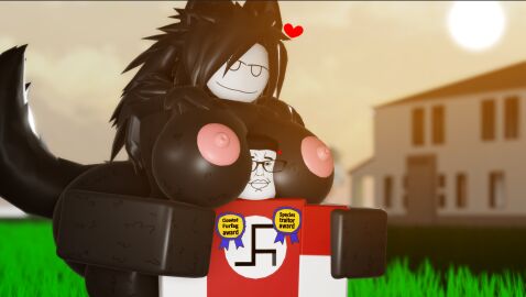 1boy 1girls 3d :3 anthro anthro_on_human ass award behind_another big_areola big_ass big_breasts big_butt big_nipples black_fur breasts chud chudjak couple cute dominant_female english_text female furman_(nonalterna) furry grass heart hearts_around_head hugging large_areolae large_ass large_breasts large_butt large_tail larger_female looking_at_viewer male messy_hair milf neck_tuft nonalterna open_field red_clothing red_shirt roblox robloxian self_upload simple_background slur smaller_human smaller_male smile smiling smug swastika tail taller_female wagging_tail