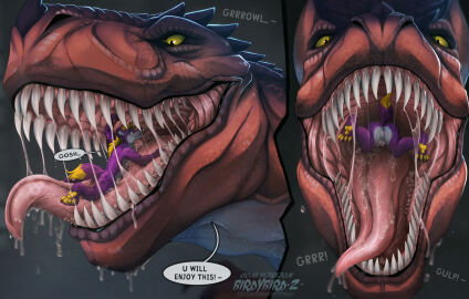 ambiguous_gender ambiguous_pred anthro anthro_prey artist_name balls blonde_hair bodily_fluids comic dinosaur duo english_text facial_piercing feral feral_pred fur genitals hair hyena in_mouth male male_prey mammal mouth_shot nose_piercing nose_ring nude on_tongue open_mouth oral_vore pawpads piercing prehistoric_species purple_body purple_fur red_body red_scales reptile ring_piercing saliva saliva_string santanahoffman scales scalie septum_piercing septum_ring sharp_teeth short_hair speech_bubble swallowing swico teeth text tongue tongue_out vore white_balls white_body white_fur yellow_eyes yellow_pawpads