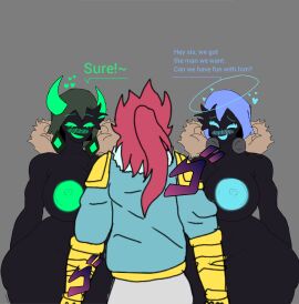 1boy 2girls areolae black-skinned_female black_skin breasts clothed_male crossover dialogue english_text female frost_spirit heart_of_the_storm huge_breasts jojo_reference jonesari2011 jonesari_lynx_dairue male nipples nuclear_fallen_king nude_female red_hair roblox roblox_game tagme text thick_thighs thighs tower_defense_simulator weird_crossover