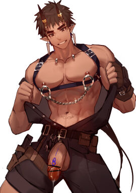 1boy abs absurdres arms_up balls bar_censor belt belt_buckle brown_eyes brown_gloves brown_hair brown_pants buckle censored chest_harness chinese_commentary collarbone commentary_request cowboy_shot cum ear_piercing earrings ejaculation fingerless_gloves gay gay_male gloves grin harness highres holster horn_ornament horns jewelry large_penis looking_at_penis male male_focus navel nipple_chain nipple_piercing nipples open_pants original pants pectorals penis penis_markings piercing pointy_ears pouch short_hair_with_long_locks single_glove smile sparkle teeth testicles thick_eyebrows thigh_holster thigh_pouch undressing wan_ma_(wanma222) yaoi