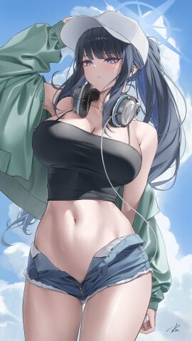 1girls belly black_hair blue_archive breasts female headphones large_breasts long_hair looking_at_viewer ponytail saori_(blue_archive)