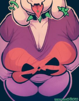 anthro belly big_breasts breasts chubby chubby_female cleavage curvy deltarune female fur furry furry_female goat grabbing grabbing_own_breast hmiokun mammal milf open_mouth piercings pumpkin solo solo_female t-shirt tight_clothing tongue tongue_out tongue_piercing toriel tummy undertale video_games