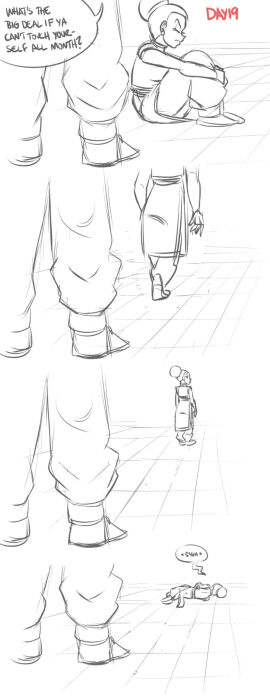 1boy 1girls chichi dialogue dragon_ball dragon_ball_super female frustrated fully_clothed funsexydragonball male monochrome no_nut_november short_hair sigh walking_away