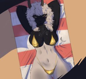 2025 anthro beatrice_(maxdodraws) big_breasts bikini bikini_bottom bikini_thong bikini_top black_body black_fur bovid breasts caprine clothed clothing ewe eyelashes female fur goat gold_bikini golden_week ground hands_behind_head horn looking_at_viewer lying mammal maxdodraws multicolored_body multicolored_fur navel nipple_outline nipples nipples_visible_through_clothing on_back on_ground on_towel sand sheep signature skimpy skimpy_swimwear solo swimwear towel two-piece_swimsuit two-tone_body two-tone_fur white_body white_fur white_hair yellow_eyes