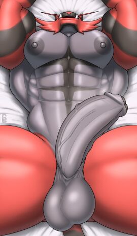 abs absurd_res anthro balls big_balls big_muscles big_pecs big_penis felid foreskin fur generation_7_pokemon genitals grey_body grey_fur hi_res huge_cock huge_muscles humanoid_genitalia humanoid_penis incineroar lying male male_only mammal muscles muscular nintendo nude obliques on_back pecs penis pokemon pokemon_(species) red_body red_fur solard0gg0 solo uncircumcised vein veiny_penis