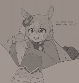 1boy :d animal_ears blush braid erection female greyscale handjob highres horse_ears horse_girl long_hair monochrome oniyanna penis pov precum satono_diamond_(umamusume) sleeves_past_fingers sleeves_past_wrists smile straight sweat umamusume uncensored